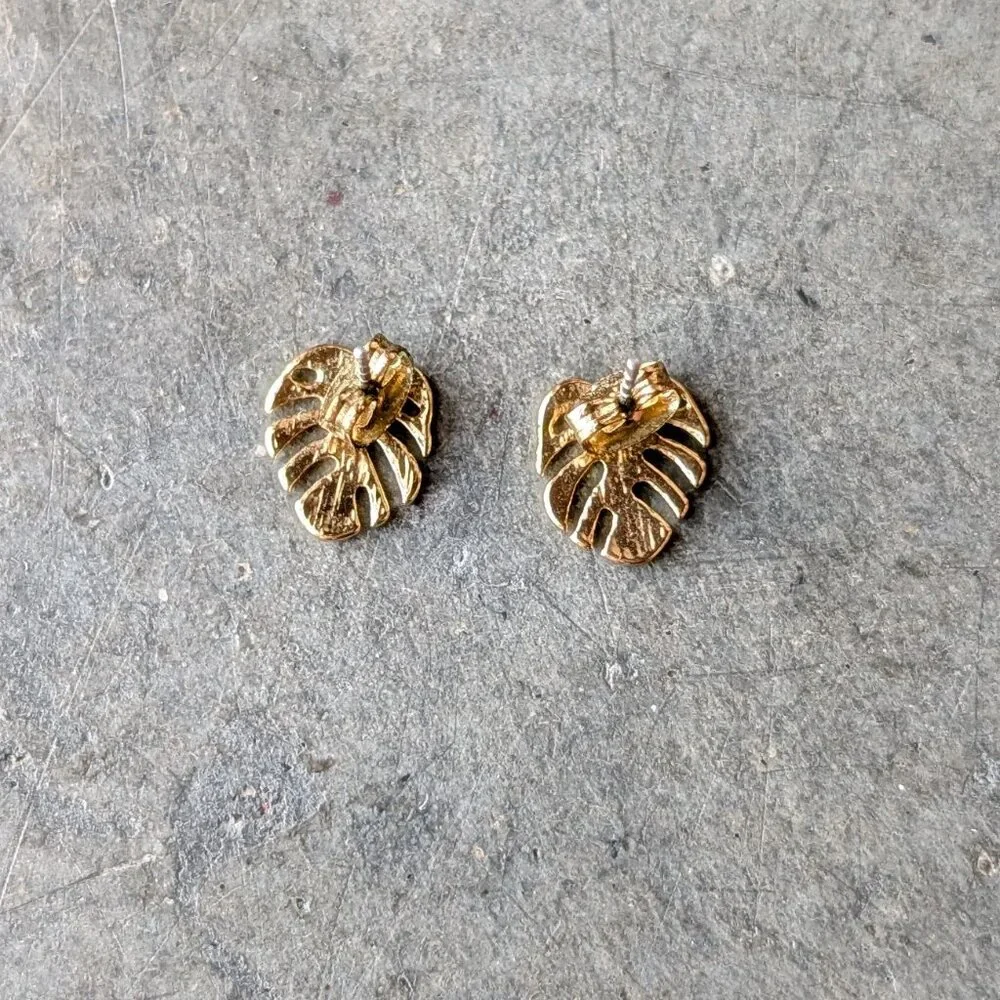 Set of Three Coral, Teal, Leaf Gold Post Earrings